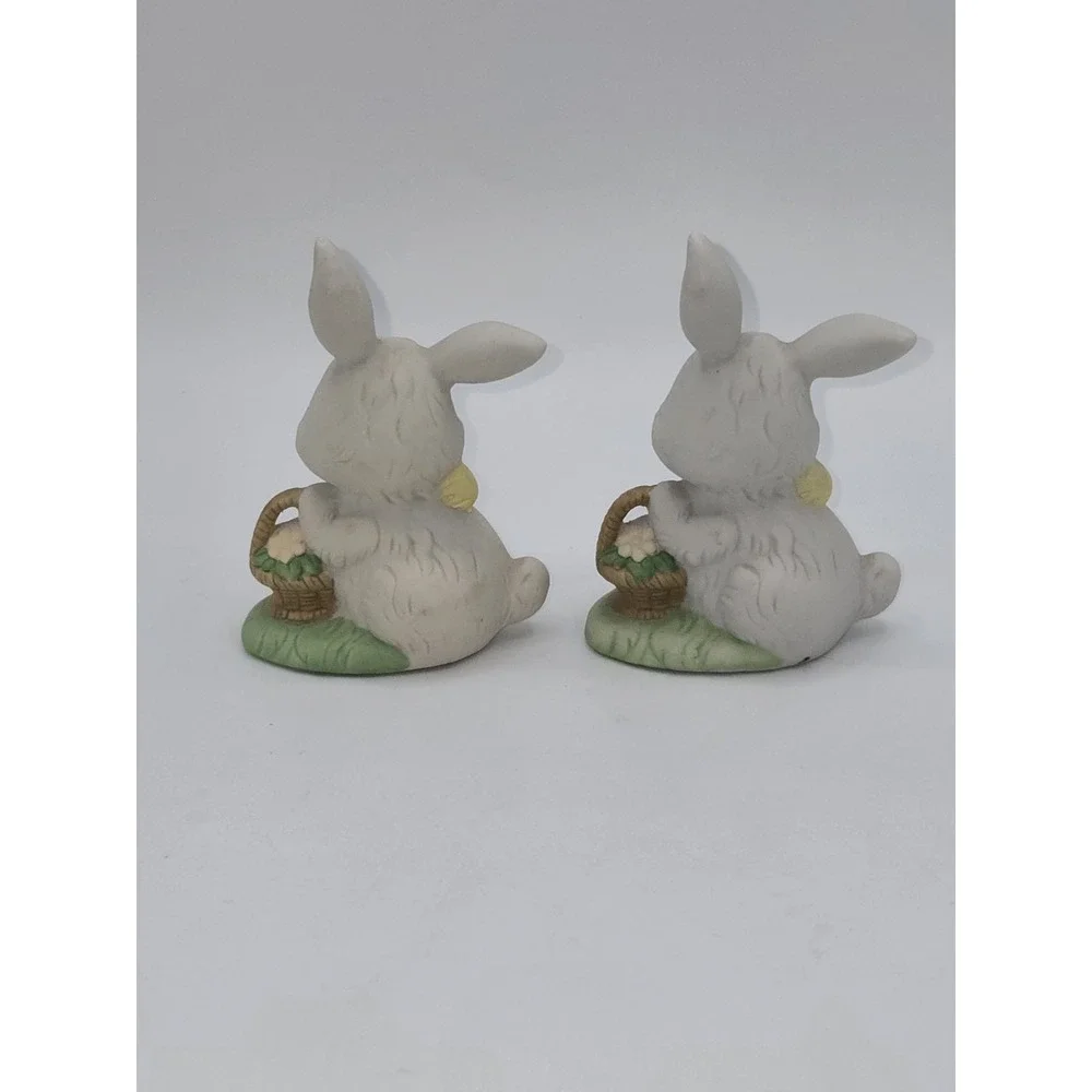 Vintage White Bunny Rabbit Figurines Set of 2 Easter Bisque Ceramic Spring Decor